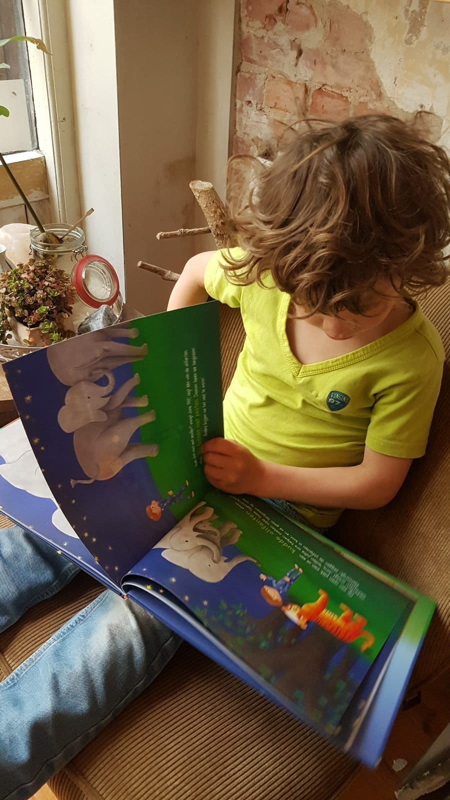 A child reading the Luke and the tiger storybook.
