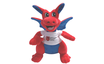 Theo, the ISG’s red dragon mascot soft toy, wearing an ISG T-shirt.